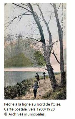 Pêche à la ligne au bord de l'Oise, Carte postale de 1900-1920