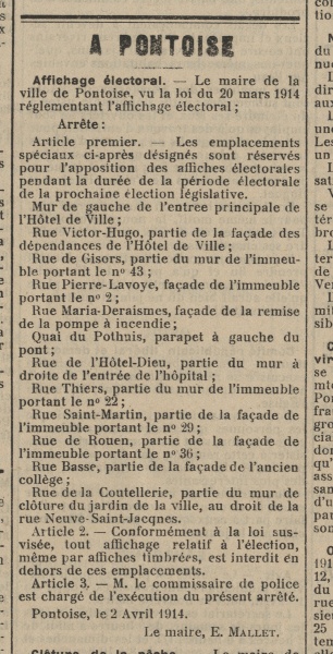 Ernet Mallet, Maire de la Ville, réglemente l'affichage électoral en s'appuyant sur la loi du 20 mars 1914