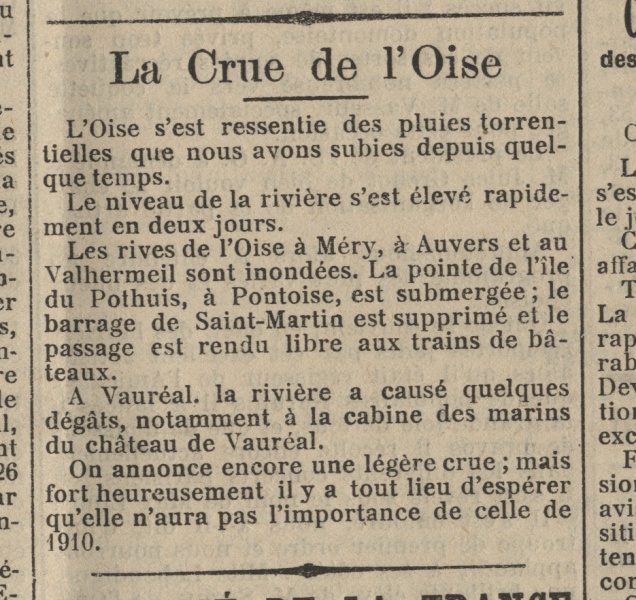 En mars 1914, des pluies torrentielles s'abattent sur la commune et augmentent considérablement le niveau de l'Oise