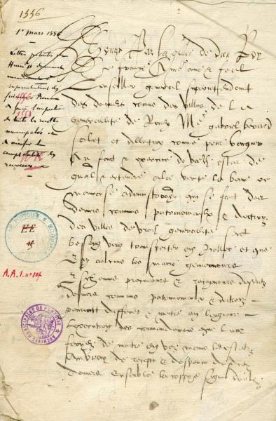 Mandement 1556 - Archives Municipales de Pontoise, cote AA3