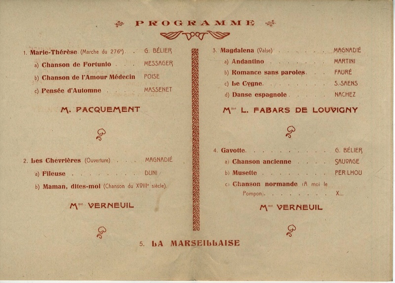 Programme du concert du 276ème régiment d'infanterie de Pontoise (Archives municipales)