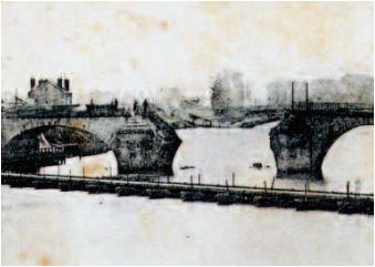 Arche centrale du pont détruite pendant la guerre de 1870-1871. Carte postale, septembre 1870. Bibliothèque de Pontoise