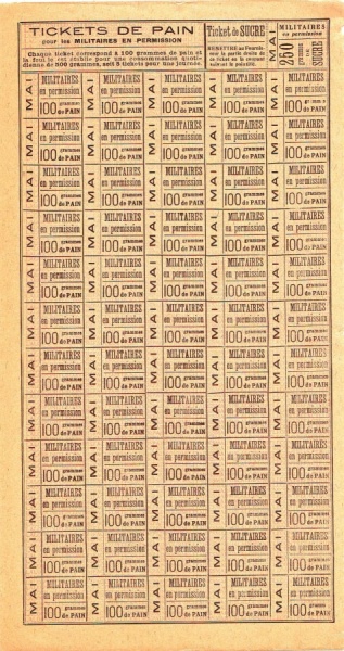 Tickets de pain pour les militaires en permission distribués en mai 1915 (Archives municipales)